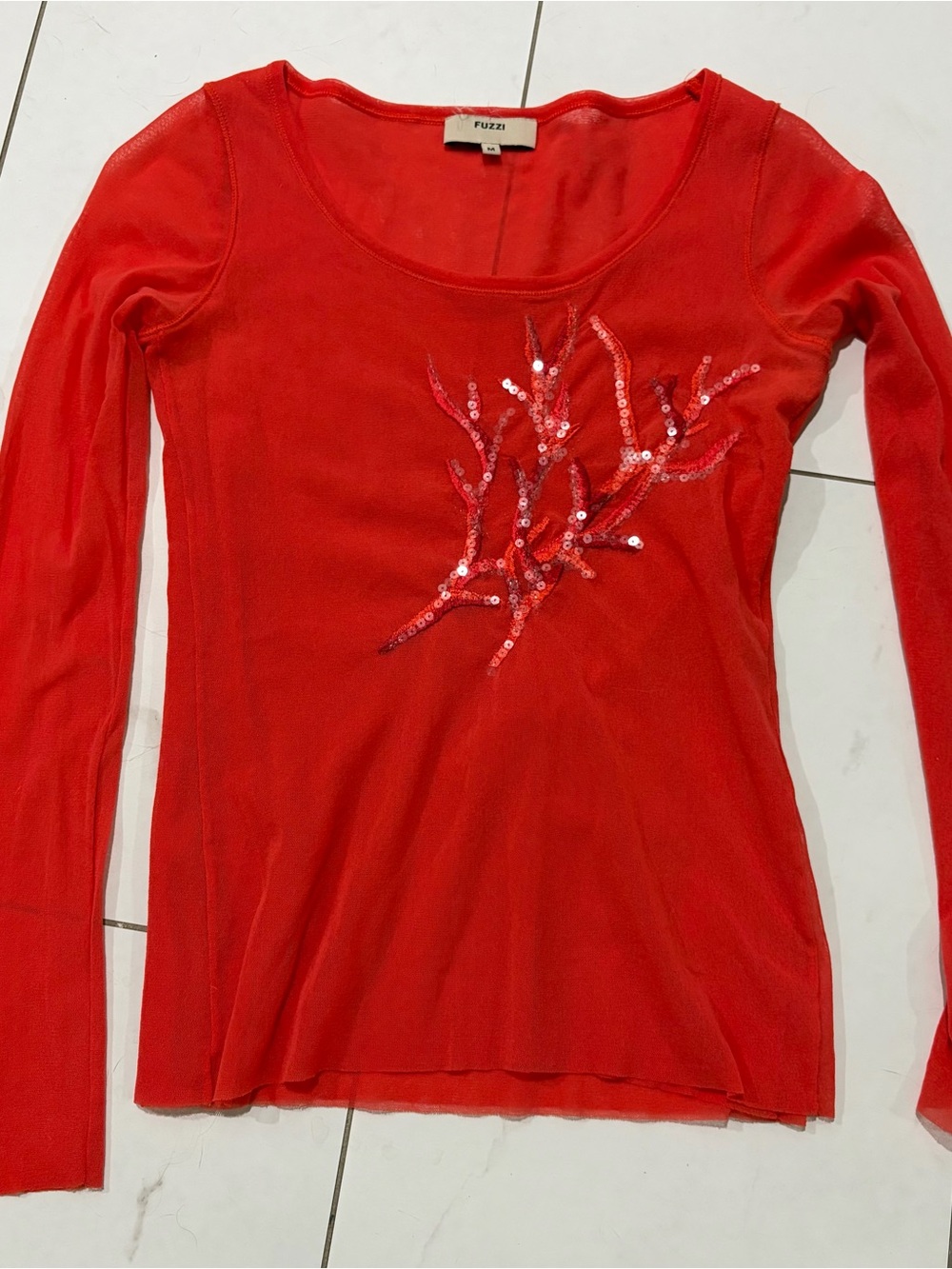 Fuzzi mesh Coral Branch Sequin-Embellished Long Sleeve Top M